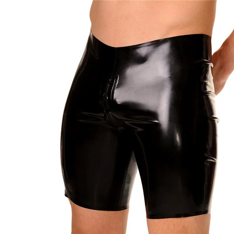 

Men Women Tight Handmade Black Latex Sports Shorts Mid-length pants With Two-way Crotch Zipper Trousers Customize Size Color