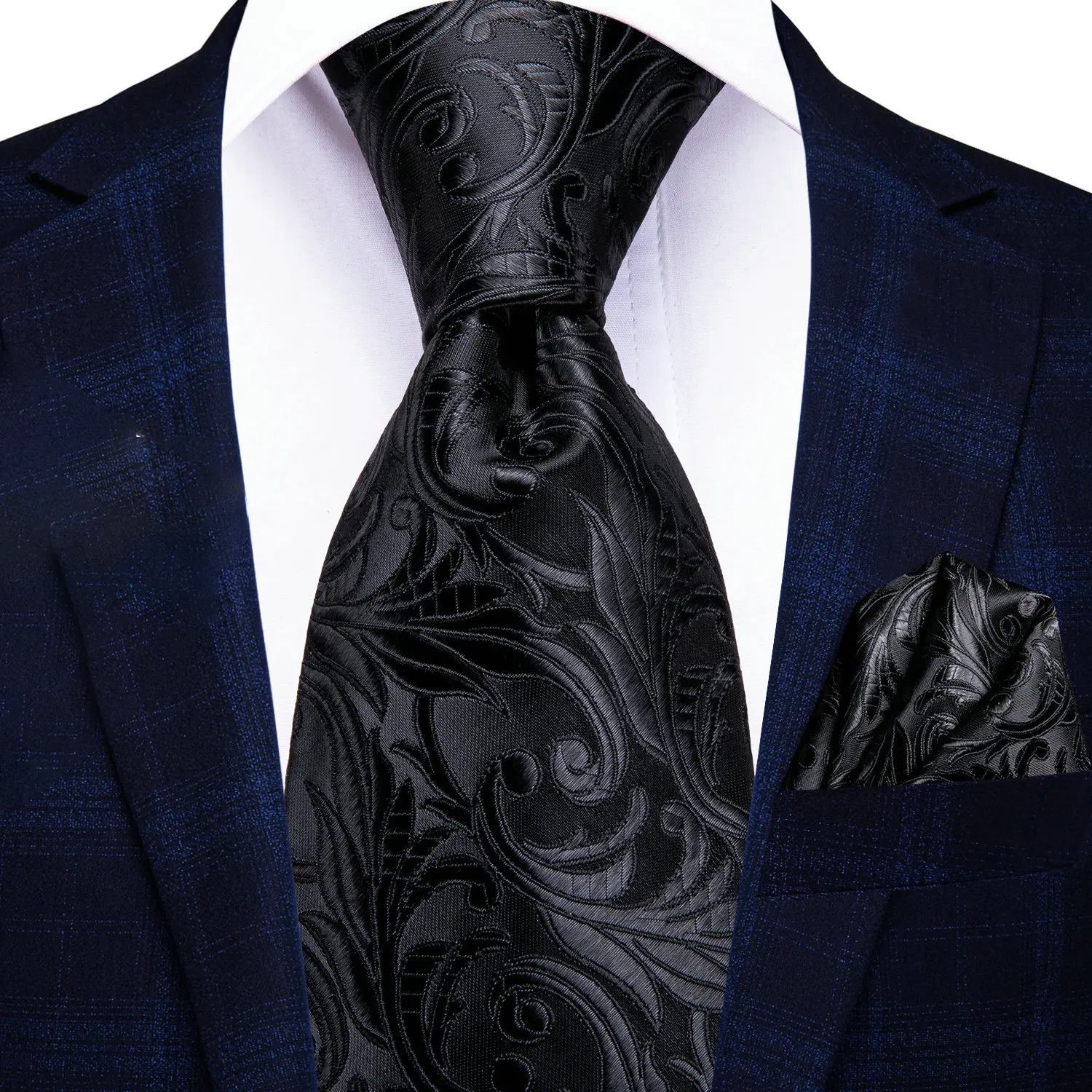 VERVEROW Black Gold Triangle Pattern Necktie Matching Pocket Square Set Men Formal Tie Handkerchief Accessory for Office Banquet