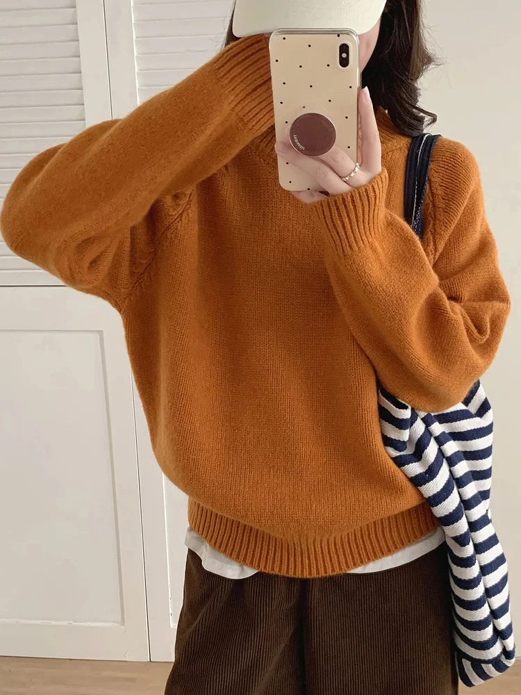 

Свободный вязаный свитер в Корейском стиле, круглый дизайн, мягкий уютный топ на голову, женский зимний теплый длинный цвет све