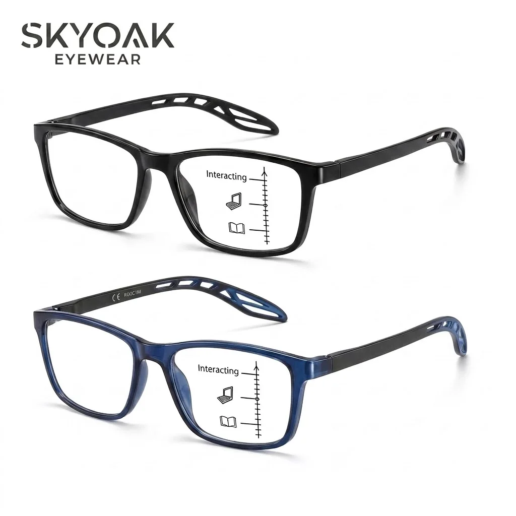 SKYOAK 2 Pack Sporty Progressive Multifocal Reading Glasses for Men, 3-in-1 Anti Blue Light UV400 Computer Presbyopia Eyeglasses