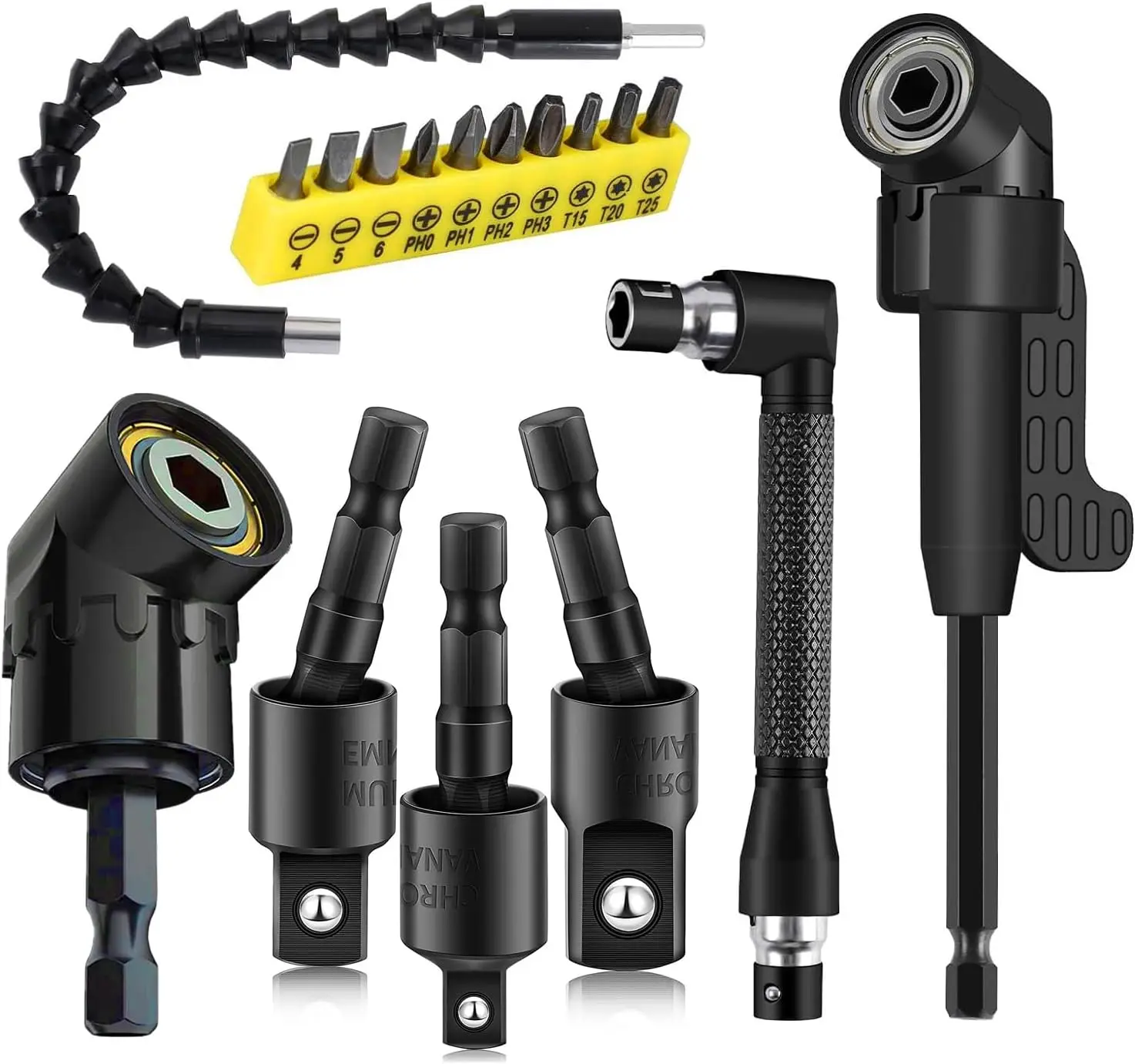 

Набор из 17 гибких сверл с угловыми насадками и гибким удлинителем для труднодоступных мест