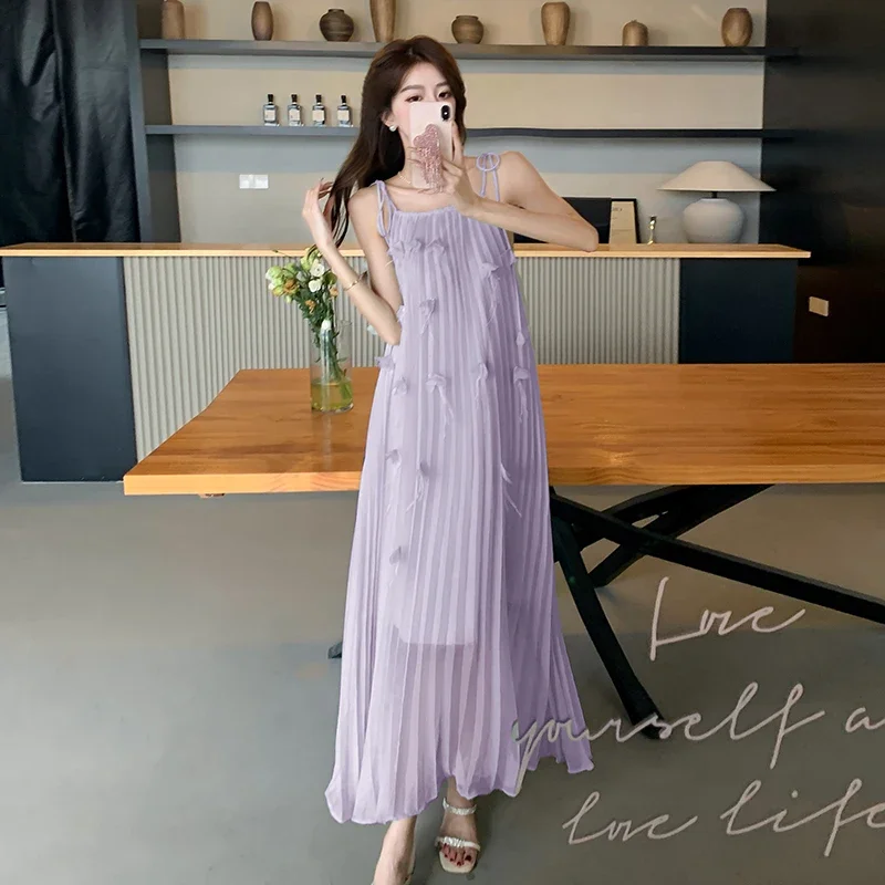 Ofallsis Petal Feather Suspender Pleated Long Strap Dress 2024 Summer New French Fairy Loose Chiffon Beach Vacation Long Dresses