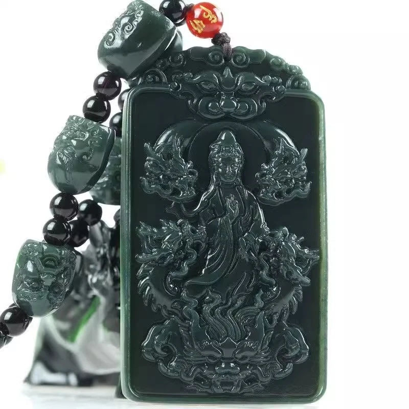 Natural Hotan Green Jadeite Kowloon Guanyin Bodhisattva Men's Jade Pendant Necklace