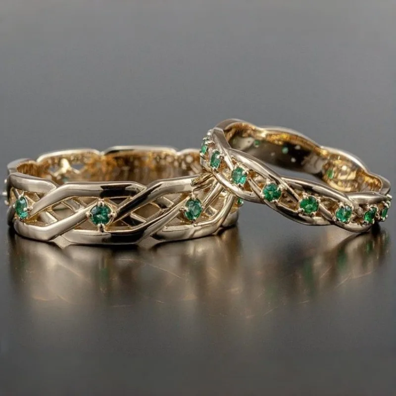 Vintage Inlaid Green CZ Women's Set of Rings Trendy Golden Color Hand Carving Daily Wear Party Jewelry Anniversary Gift