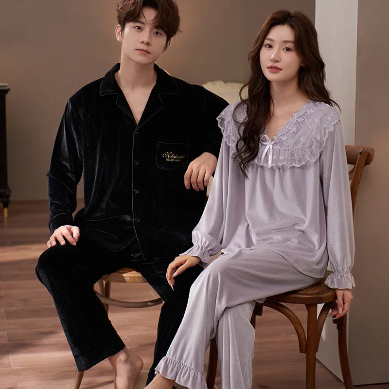 

Сплошной цвет, золотая бархатная одежда для сна, пижамы для пары, велюровый пижамный костюм, пижама для женщин и мужчин, домашняя одежда