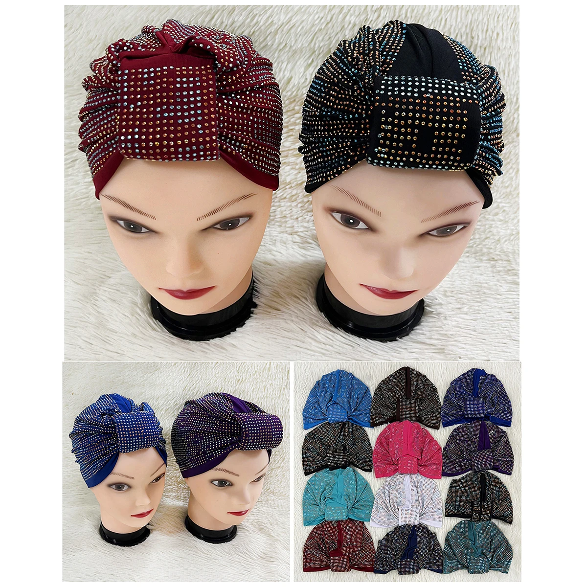 Wholesale Order 6/12 Pieces Fashion Muslim Female Turban Hat Velvet Hot Rhinestone Solid Indian Beanie Hair Bonnet Cap For Women