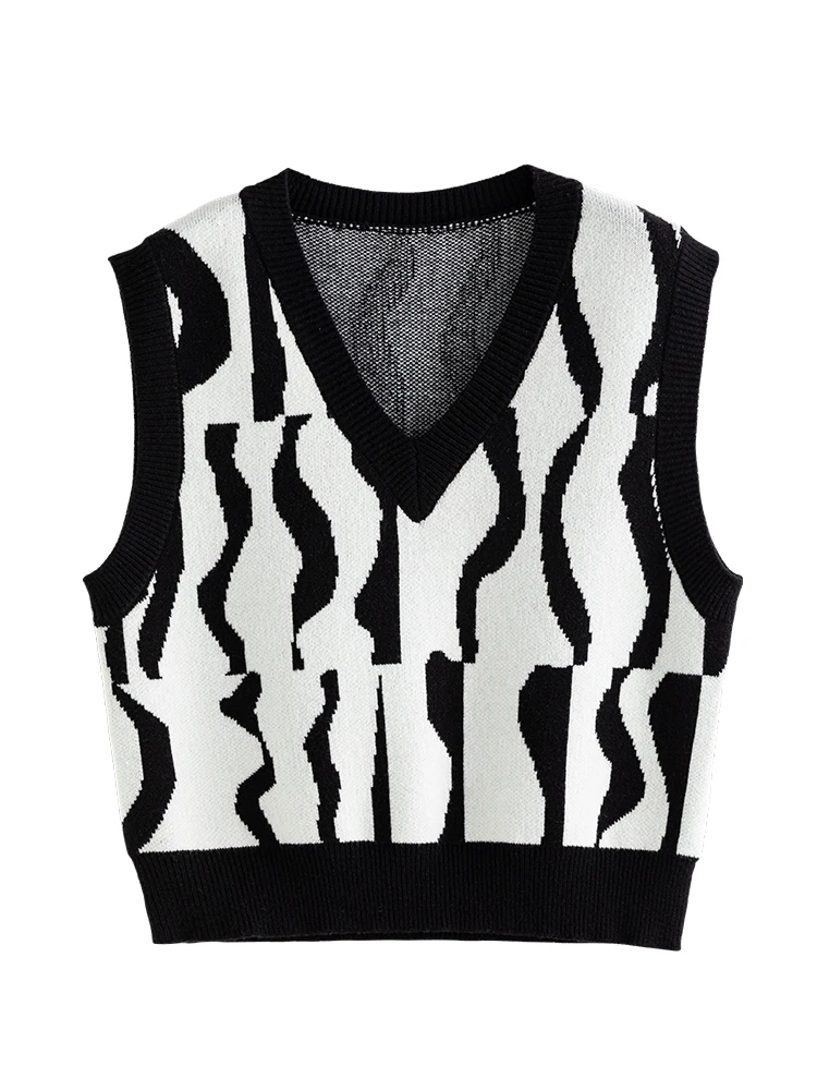 DUSHU 4.1% Wool Women Retro Contrast Color Striped Knitted Vest V-Neck Casual Winter 2022 Women Pullover Vests Zebra Print Tops