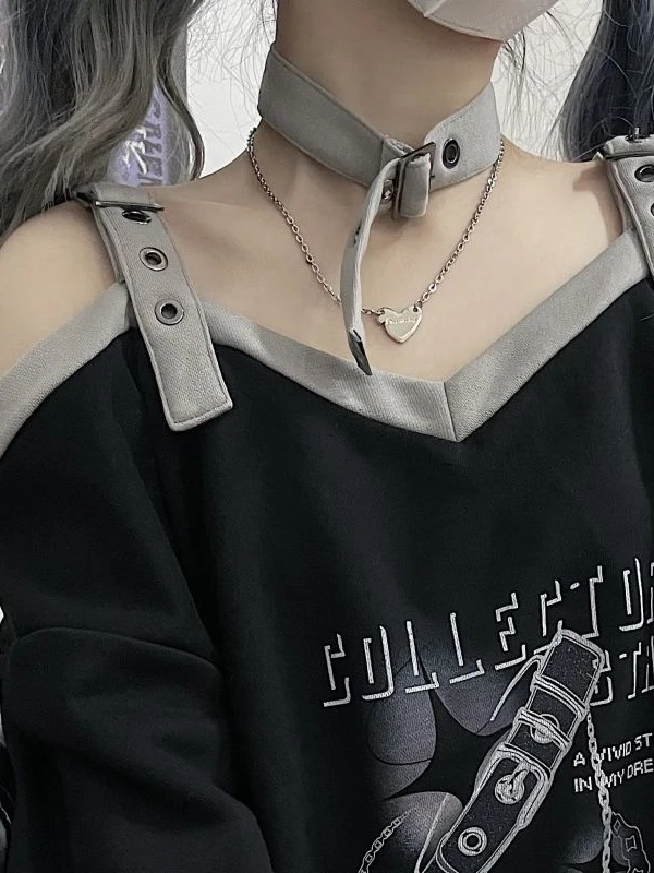 2024 Black Y2k Harajuku Hoodies Women Off Shoulder Belted Pullover Aesthetic Sweatshirt Female Goth Printed Jersey Punk Moletom