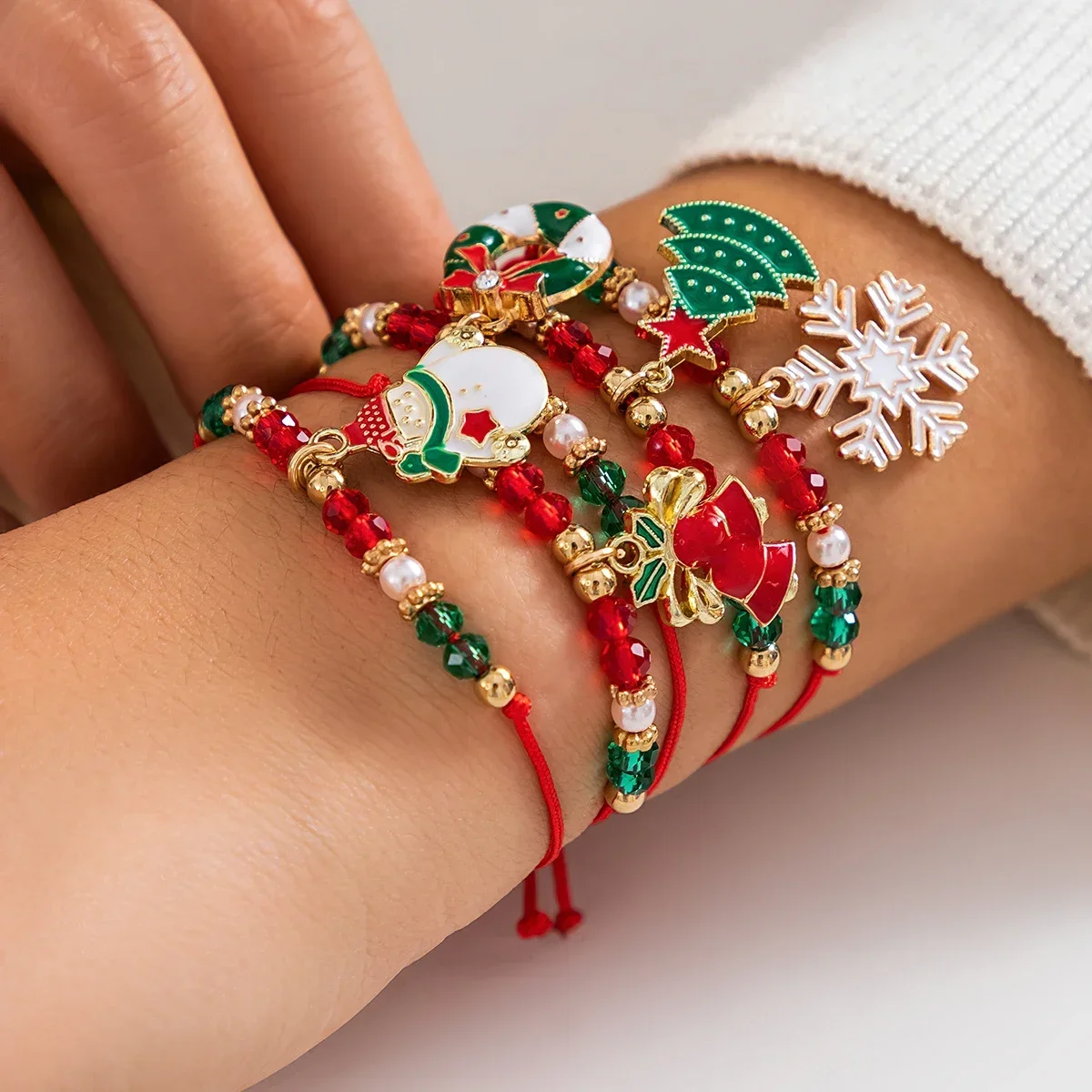 5pcs/set Cute Christmas Series Snowflake Tree Pendant Crystal Bracelet Women CCB Beads Adjustable Thread Rope Christmas Bracelet