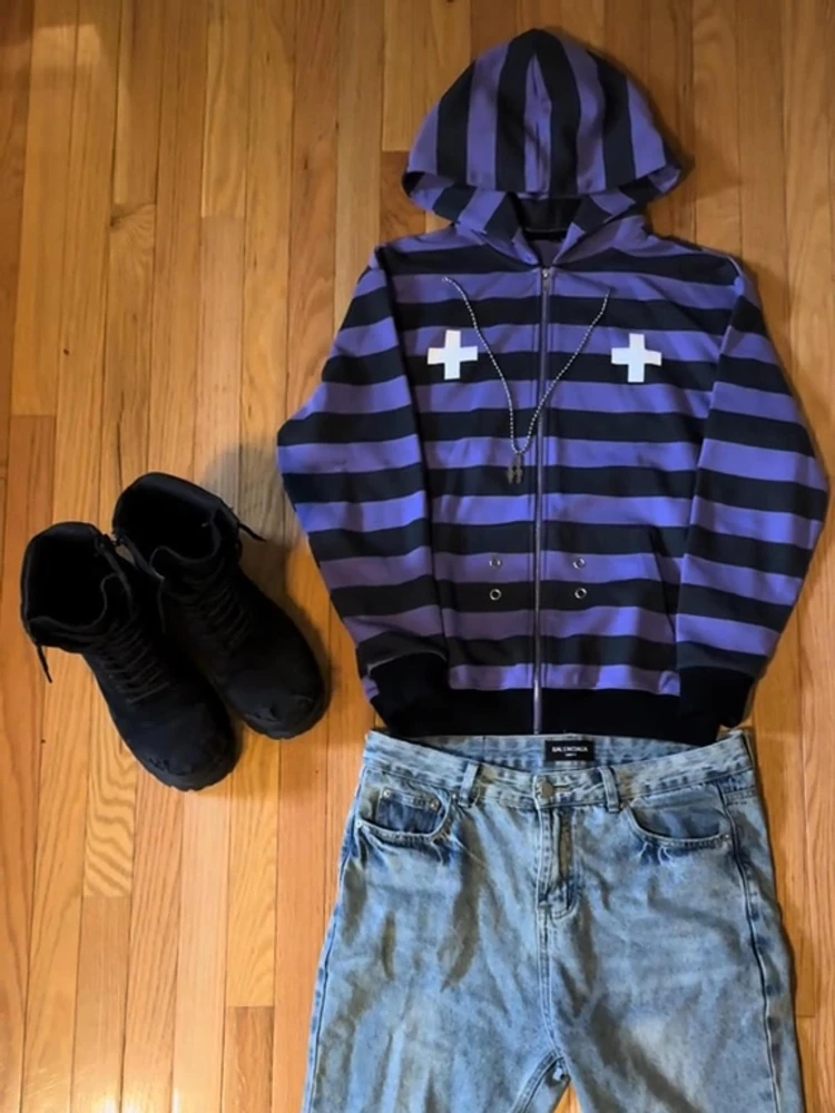 2025 New Hoodie Striped Gothic Long Sleeve Hoodie Cross Printed Jacket Street Trendy y2k