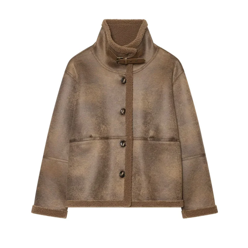Guobioziy 2026 Winter Country Style Women Stand Collar Fleece Suede Short Coat Thick Warm Outerwear For Weekend Outing
