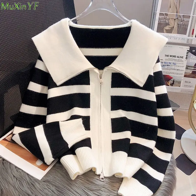 

Women Autumn Winter Sweater Cardigan 2023 Korean Lady Preppy Style Peter Pan Collar Knit Jackets Daily Joker Zipper Coats Female