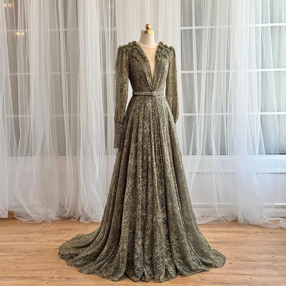 

Brown V Neck Evening Dresses for Ladies 2025 New Exquisite Full Sleeve Prom Gowns with Sequined Summer Robe De Soirée Jersey New