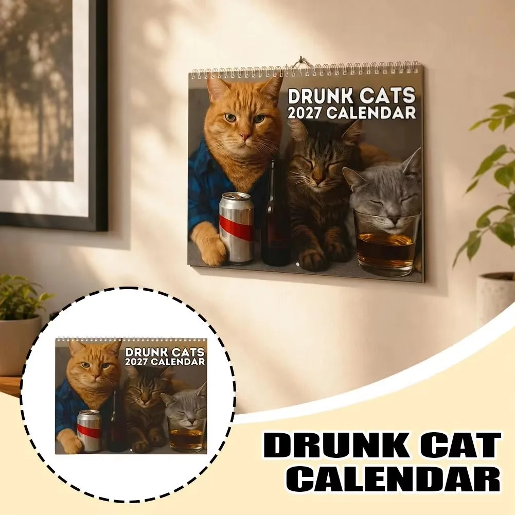 2027 Drunk Cats Wall Calendar Funny Cute Cat Monthly Hanging Calendar 12 Month Planner Wall Decor Gift for Cat Lover Home Office