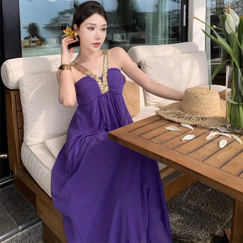 Summer Fashion Sexy Off Shoulder Backless Boho Party Maxi Dress Retro Temperament Purple Chiffon Casual Holiday Beach Long Dress