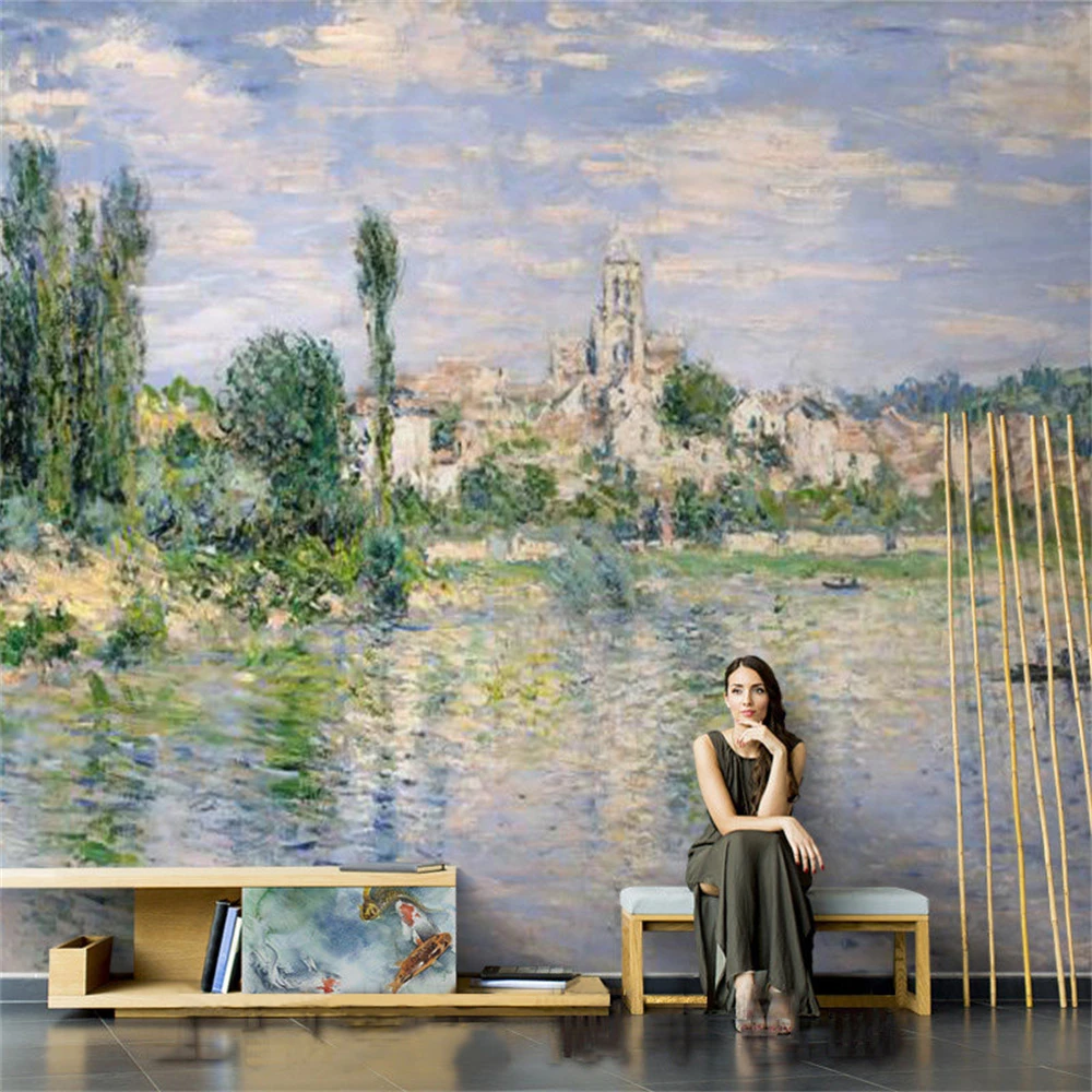 custom French abstract river village scenery Monet oil painting wallpaper living room sofa background 3D wallpaper home bedroom