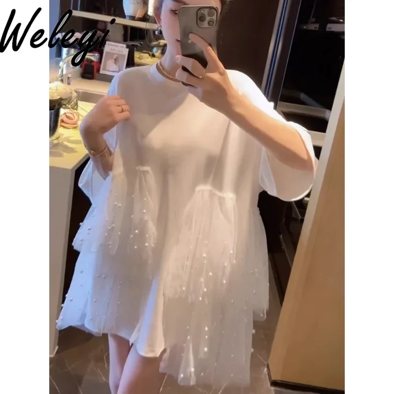 Large Size Beautiful White Tee Dresses with Pearls Mesh Summer Women's Gentle Lace Splicing Short Sleeve Short T-Shirt Dresses