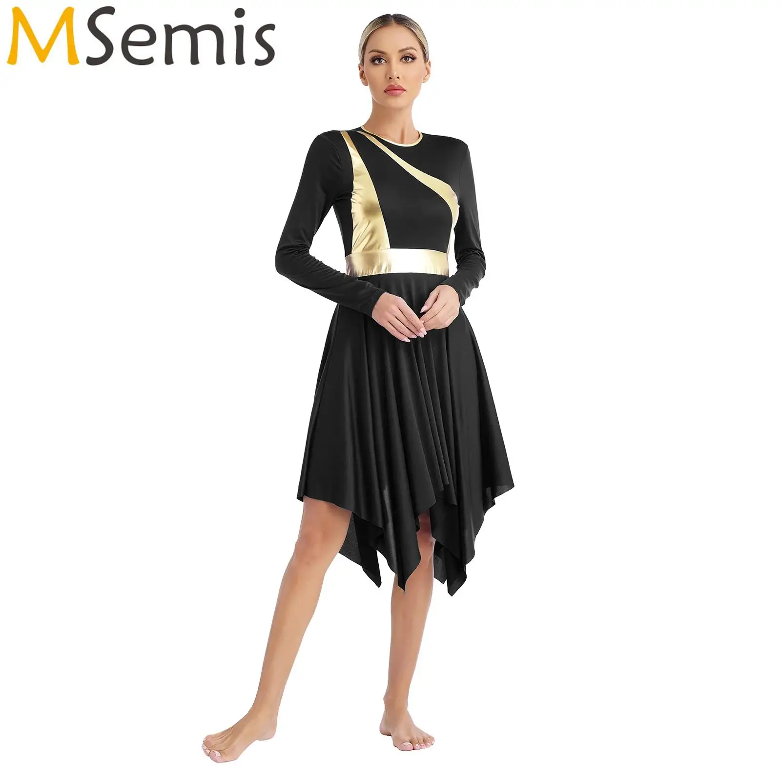 Womens Liturgical Praise Dance Dress Long Sleeve Choir Overlays Dresses Dancewear Metallic ShinyBallet Dance Performance Costume