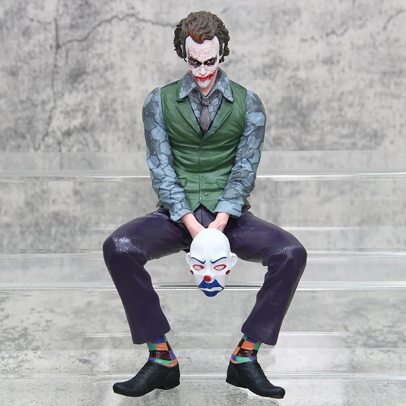 

25cm New Joker Heath Ledger Anime Figures Sitting Green Suit Handheld Joker Mask Car Decoration Model Kids Toys Gifts