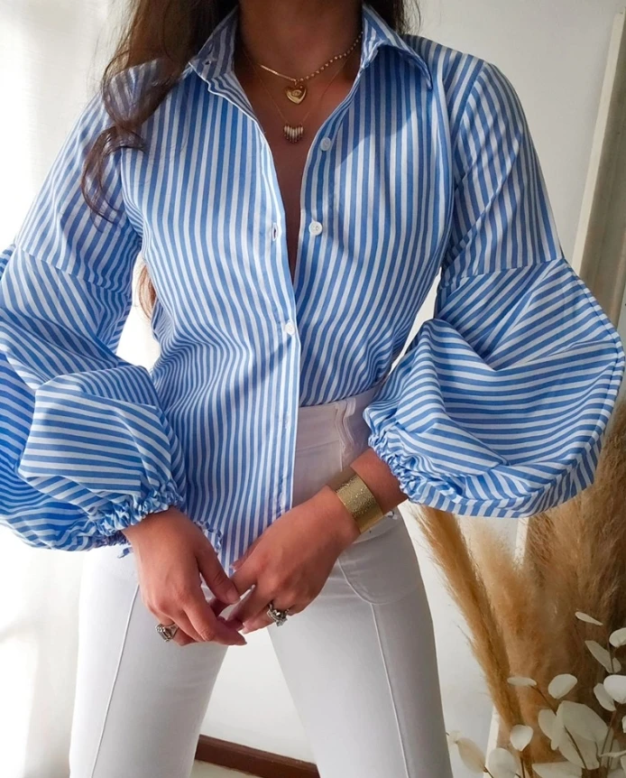 Women's Blouse Fashion Autumn New Striped Print Turn-Down Collar Lantern Sleeve Slim Fit Blouse Front Button Casual Top