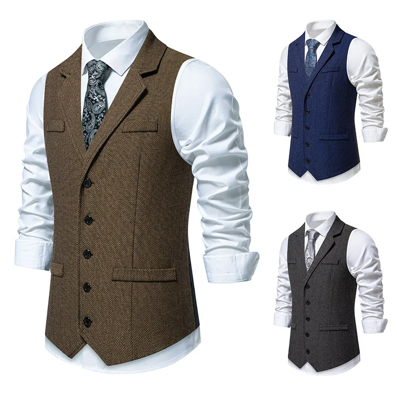 Gilets rétro en laine tweed pour hommes, gilet à chevrons pour les affaires, le lieu de travail, col sur mesure, simple boutonnage, glaçage trempé, grande taille