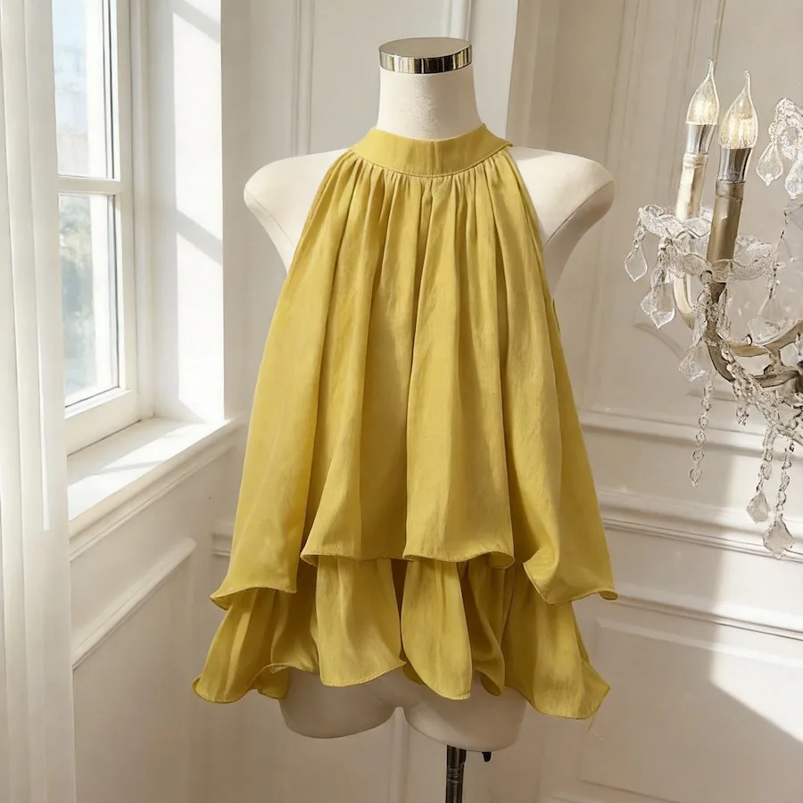 Double Layer Ruffle Hem Vest Top Neck Hanging Sleeveless Women's Fashion Vintage Style Casual Loose Fit round Neck Shirt