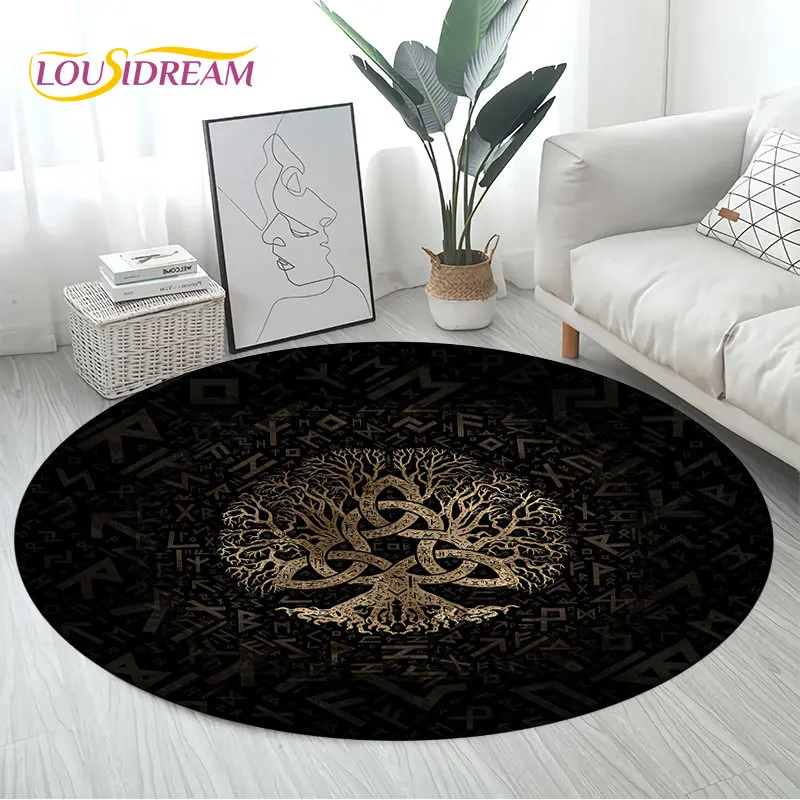 Viking Valknut Yggdrasil Sóc Cây Khăn Trải Tròn Thảm Thảm Cho Phòng Ngủ Phòng Khách Sofa Trang Trí, bé Chơi Chống Trơn Trượt Sàn