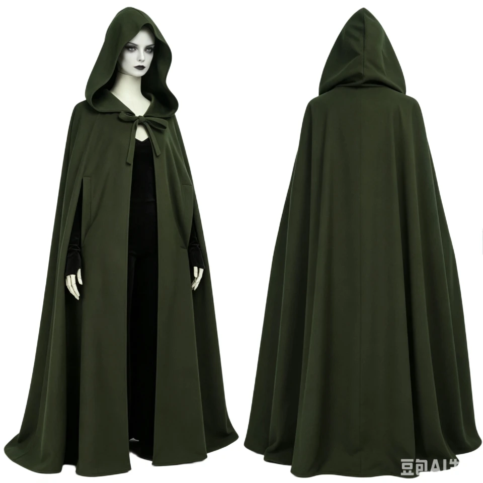 Medieval Gothic Hooded Cape for Women Long Full Length Cloak Solid Green Witch Wizard Cosplay Costume Halloween Party Overcoat
