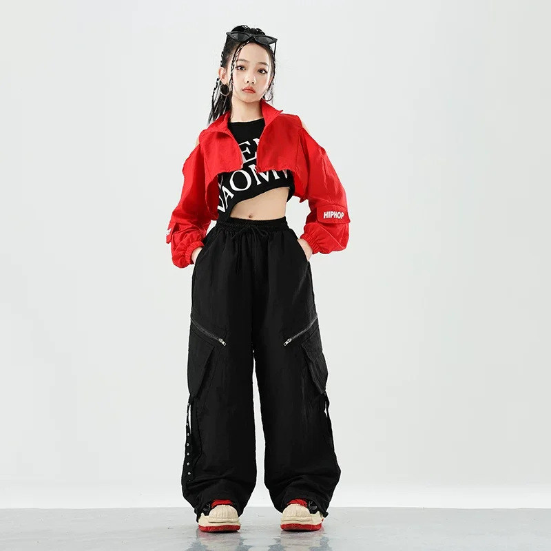 Conjuntos de ropa de baile de Jazz para niñas, trajes de Hip Hop, Tops cortos rojos Kpop, pantalones negros, ropa de calle moderna, ropa para actuación en escenario de grupo