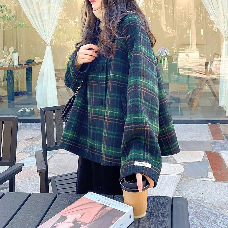 M4A plaid double-sided cashmere coat for women's autumn and winter new high-end color matching double-sided woolen cloak outside