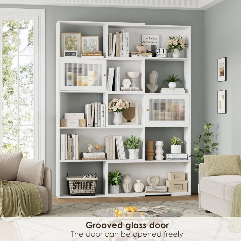 "رف كتب زاوية مكون من 5 طبقات مع أبواب، وخزانة كتب طويلة للتخزين للعرض والتنظيم"