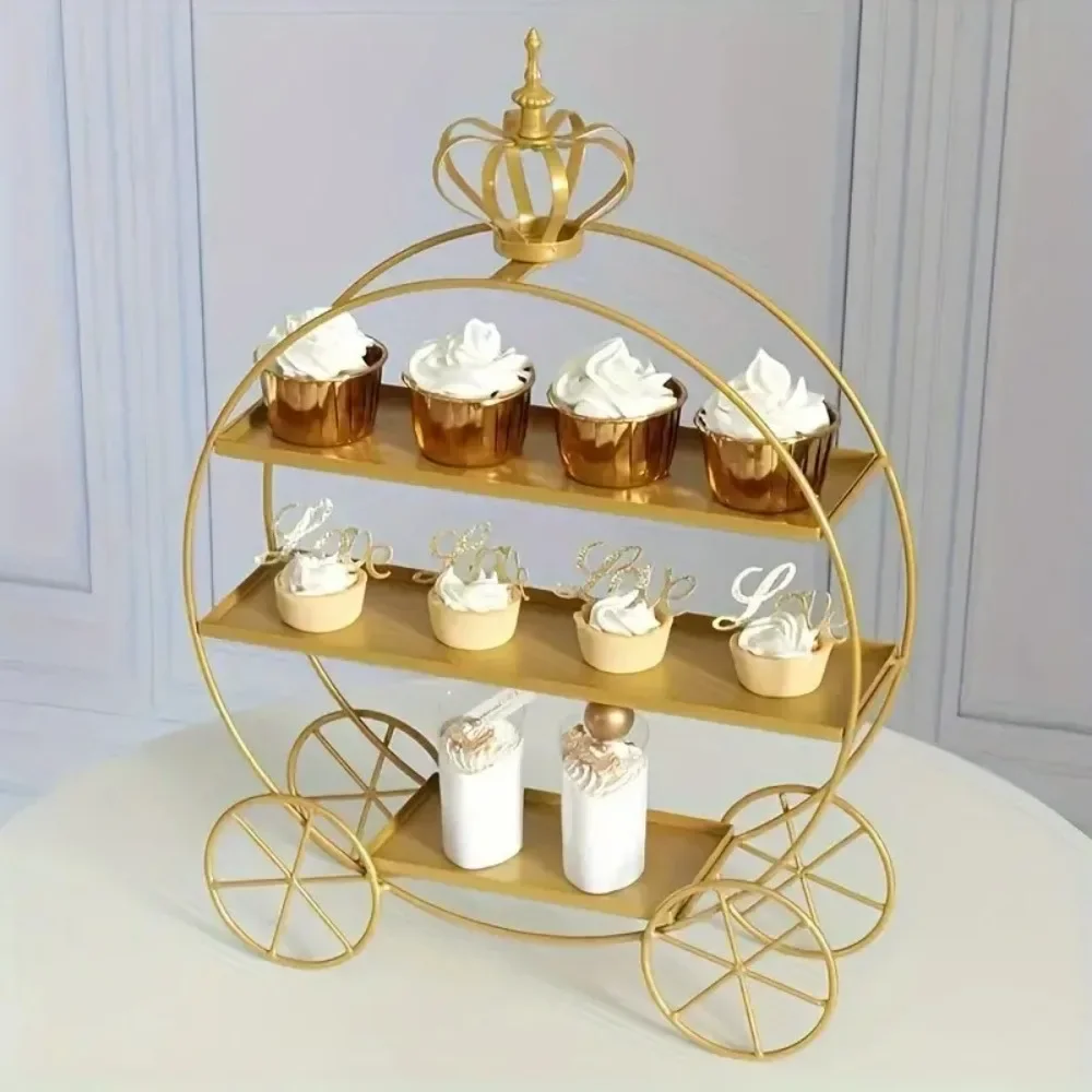 Golden Dessert Table Display Double Layer Pumpkin Car Shape Christmas Cake Rack Wedding Birthday Party Pastry Decoration