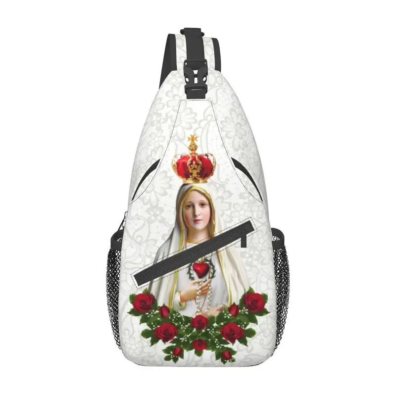 

Our Lady Of Fatima Virgin Mary Sling Crossbody Chest Bag Men Casual Portugal Rosary Catholic Shoulder Backpack for Hiking