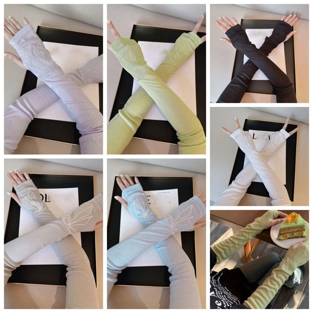 

Sweet Bow Ice Sleeves Embroidered Anti-UV Breathable Long Arm Sleeves Polyester Sweat-absorption Arm Sunscreen Covers Girls