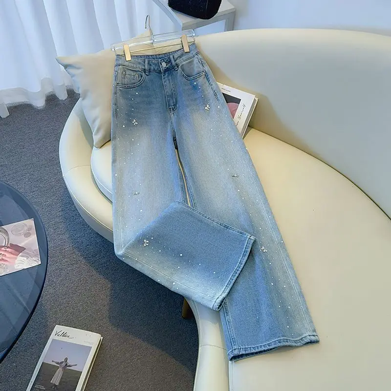 

Fashionable Butterfly Knot Rhinestone Women's Straight Leg Jeans Blue High Waist Casual Denim Pants For Spring Autumn Trousers