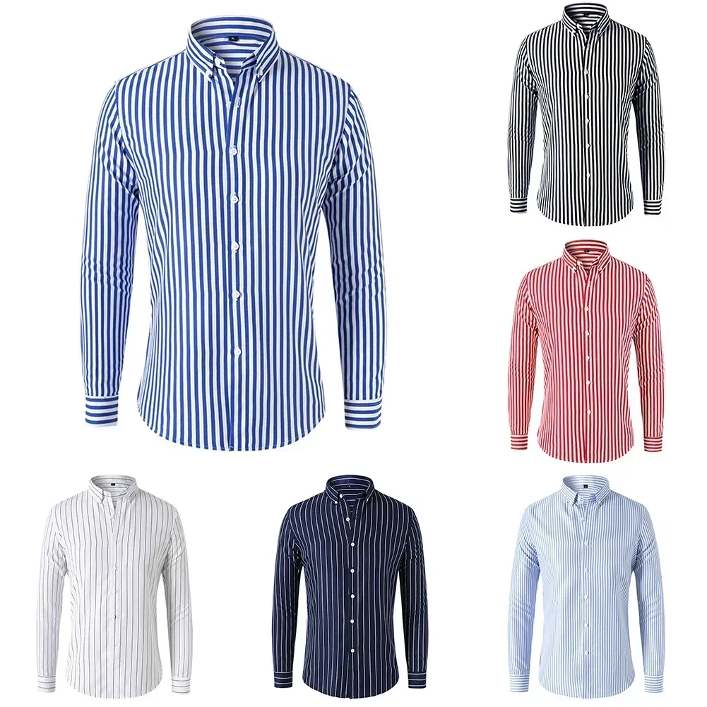 New Mens Long Sleeve Striped Button Shirt Business Baggy Tops Casual Flip Collar Shirt Tight Formal Breathable Solid Male Shirts