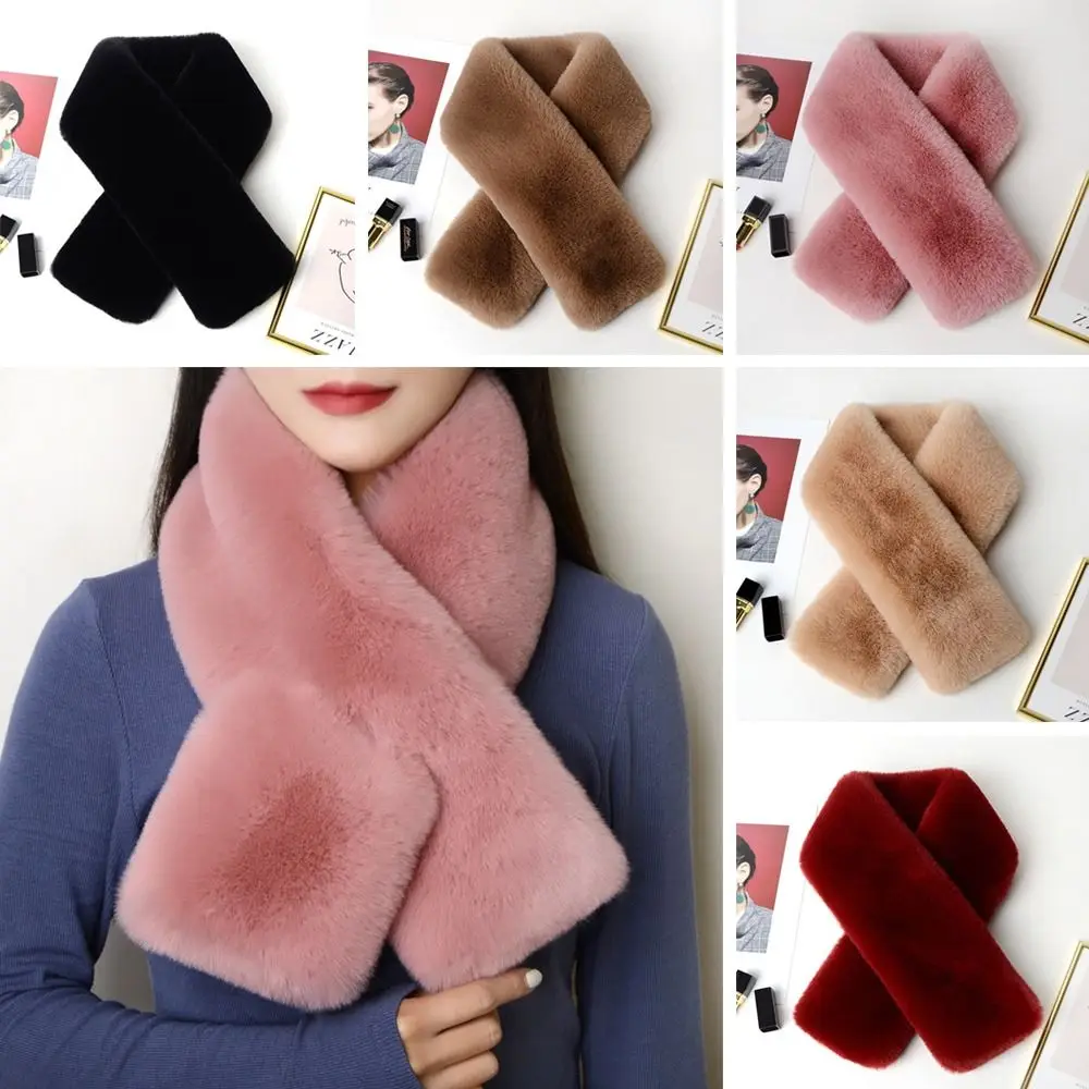 Cute Solid Color Cross Scarf Thicken Faux Rabbit Fur Neck Scarf Neck Warmer Girls