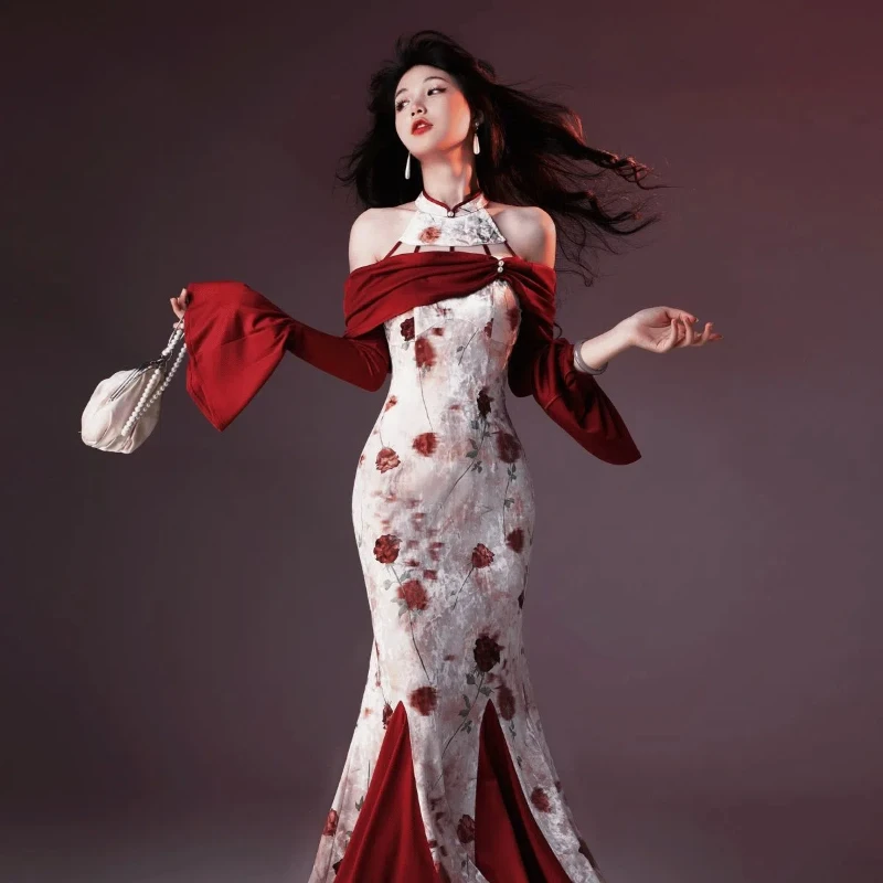 New - Chinese - style Velvet Printed Improved Cheongsam Dress for Women, 2024 Autumn, Waist - cinching, Slimming, Hip - hugging