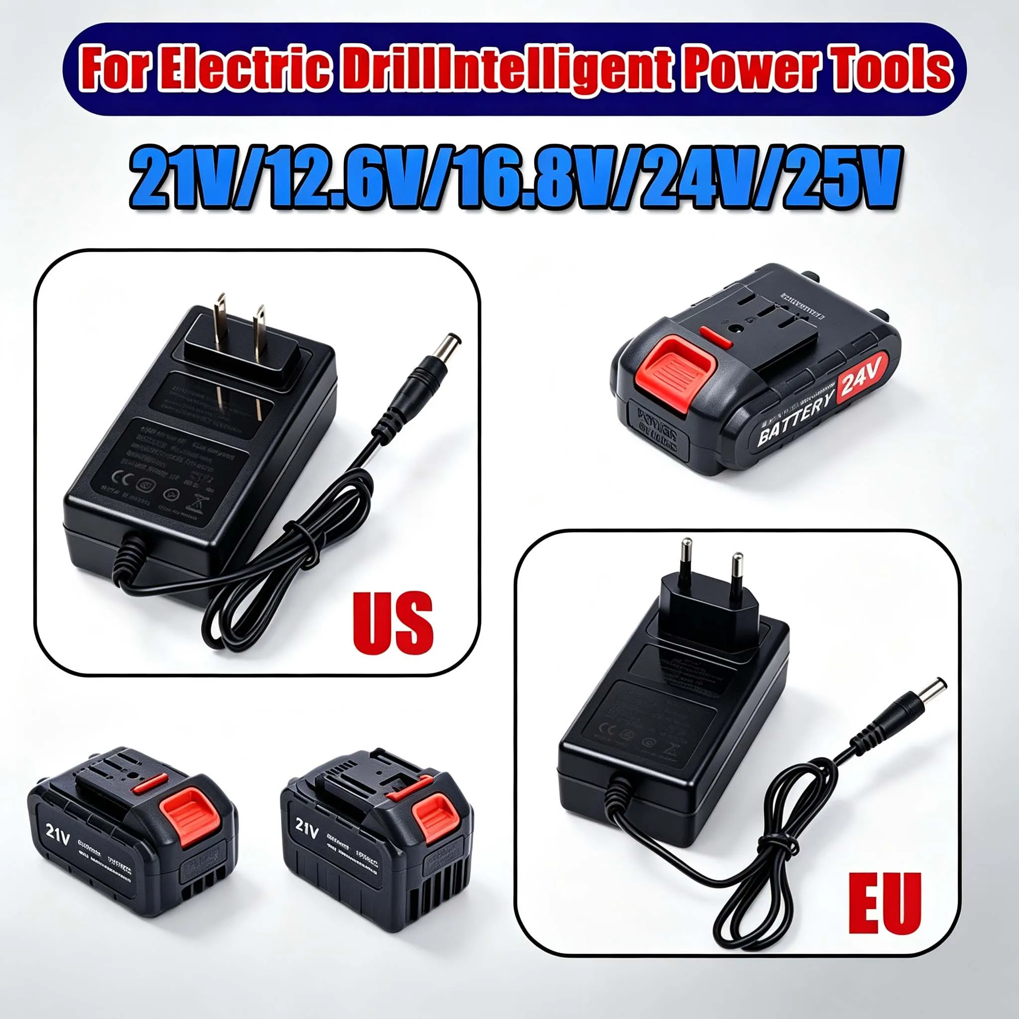 Carregador de Bateria de Lítio DC 21V 12.6V 16.8V 25V 24V 1A 2A EU US para Furadeira Elétrica 18V Ferramenta Elétrica Inteligente para Bateria Makita