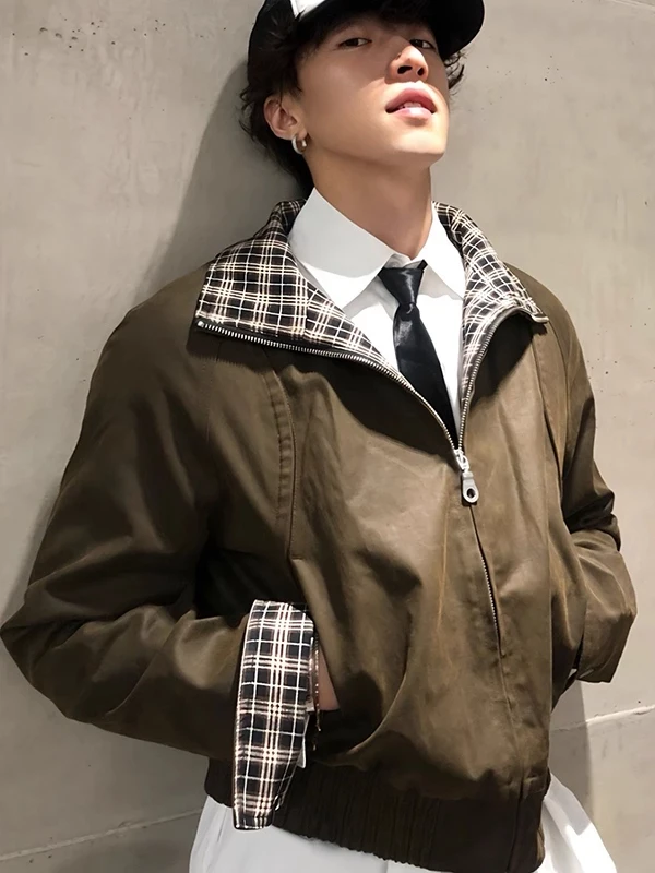 

Trendy Plaid Patchwork Collar Jaet Men's Women's Spring Autumn American Workwear Outerwear Deep Brown id Splicing Design