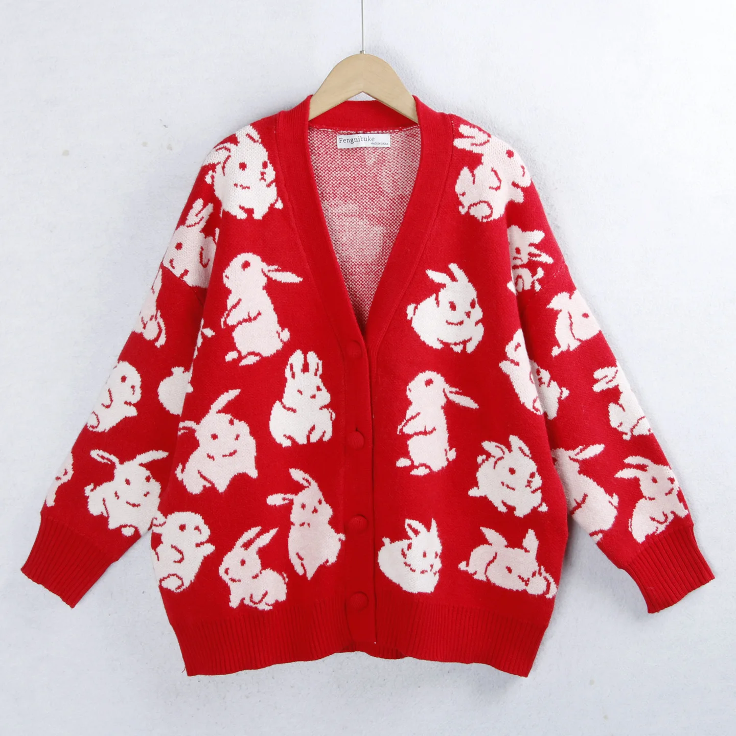 

Autumn Winter Large Size V-Ne Single Button Long Sve Knitted Sweater Rabbit Cardigan Flattering Slimming Embroidered