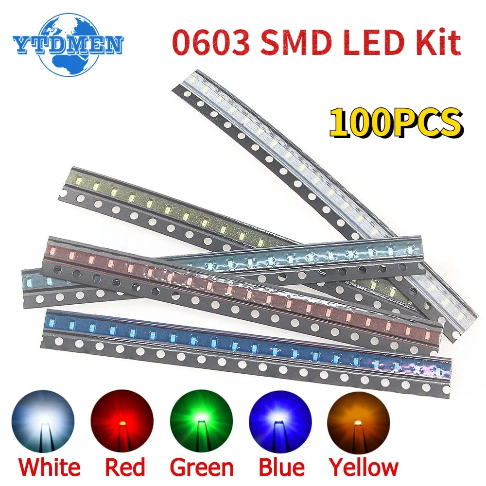 100PCS SMD LED 0603 Light Emitting Diode Ultra-bright Smd LED Red White Yellow Green Blue 20mA for DIY Lighting