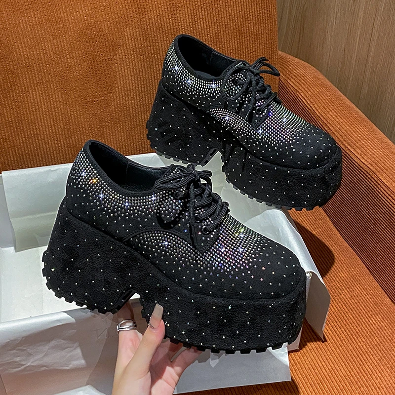 High Top Spring Black Women Shoes New Style Fashion 9.5CM Platform Shoes Platforms Sneakers Tide Shine Bling Rhinestone Shoes