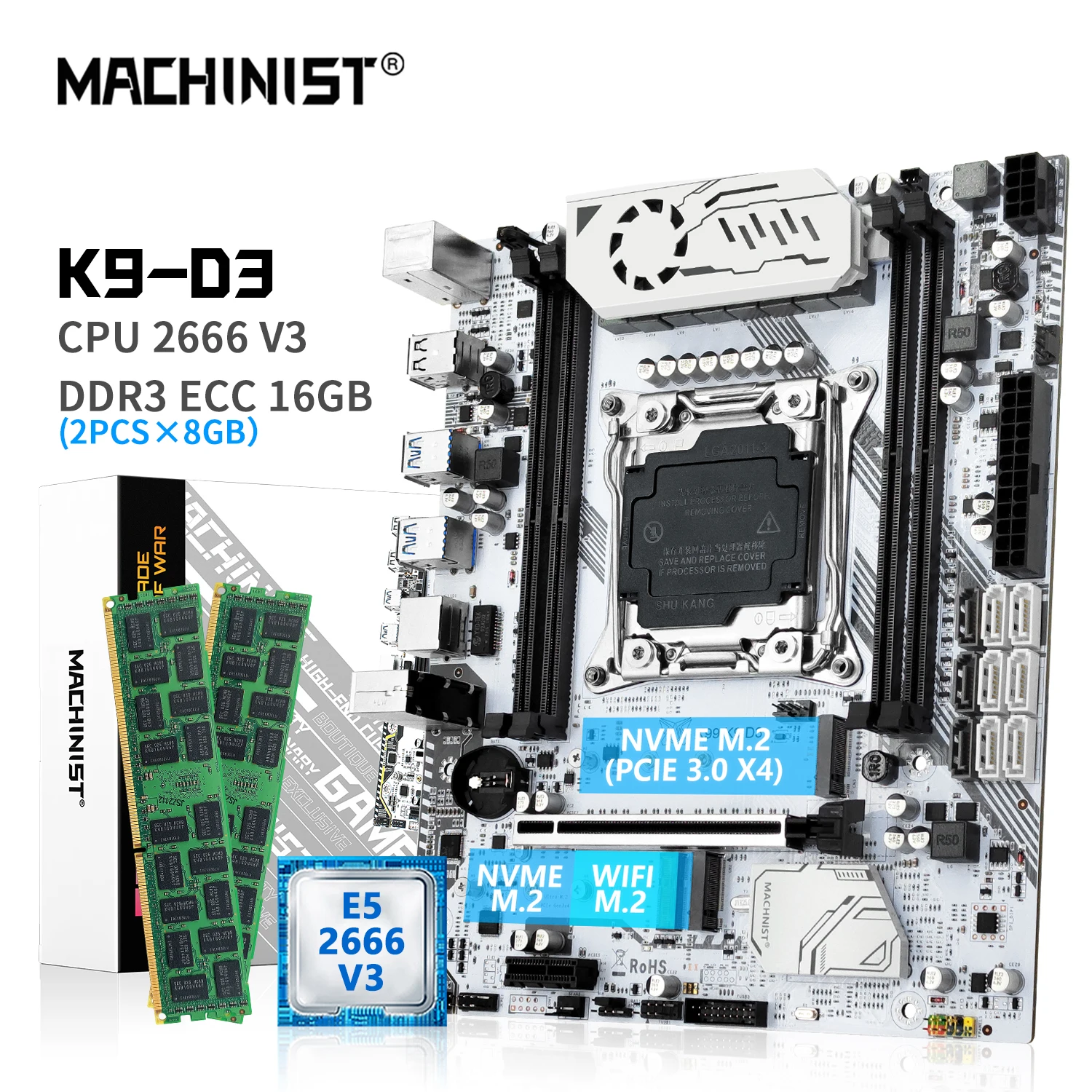 

MACHINIST K9 D3 X99 Motherboard Combo Kit Xeon E5 2666 V3 CPU LGA 2011-3 Processor 2x8GB=16GB DDR3 ECC RAM Memory NVME M.2 WIFI