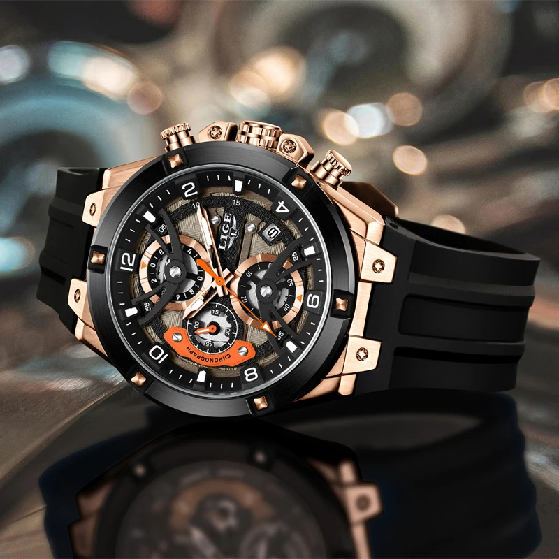 LIGE Sports Man Watch Top Brand Luxury Silicone Chronograph Small Dial Function Quartz Wristwatches Waterproof Luminous Watch