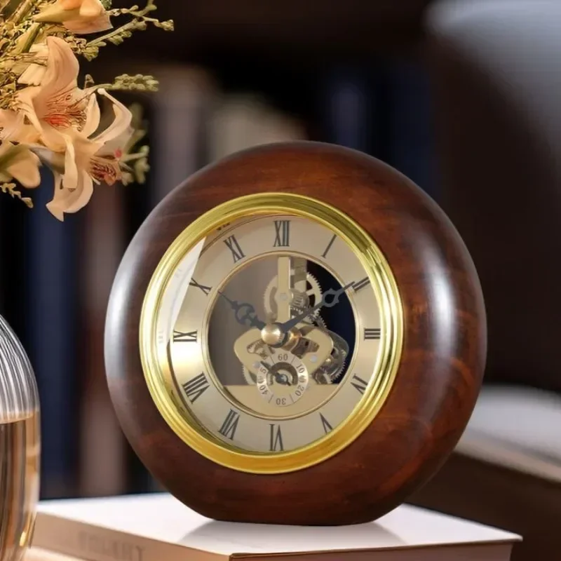 Wooden Retro Desk Clock Round Table Clock Rotating Clocks Decorative Objects Living Room Desktop Clocks Tables Accessories