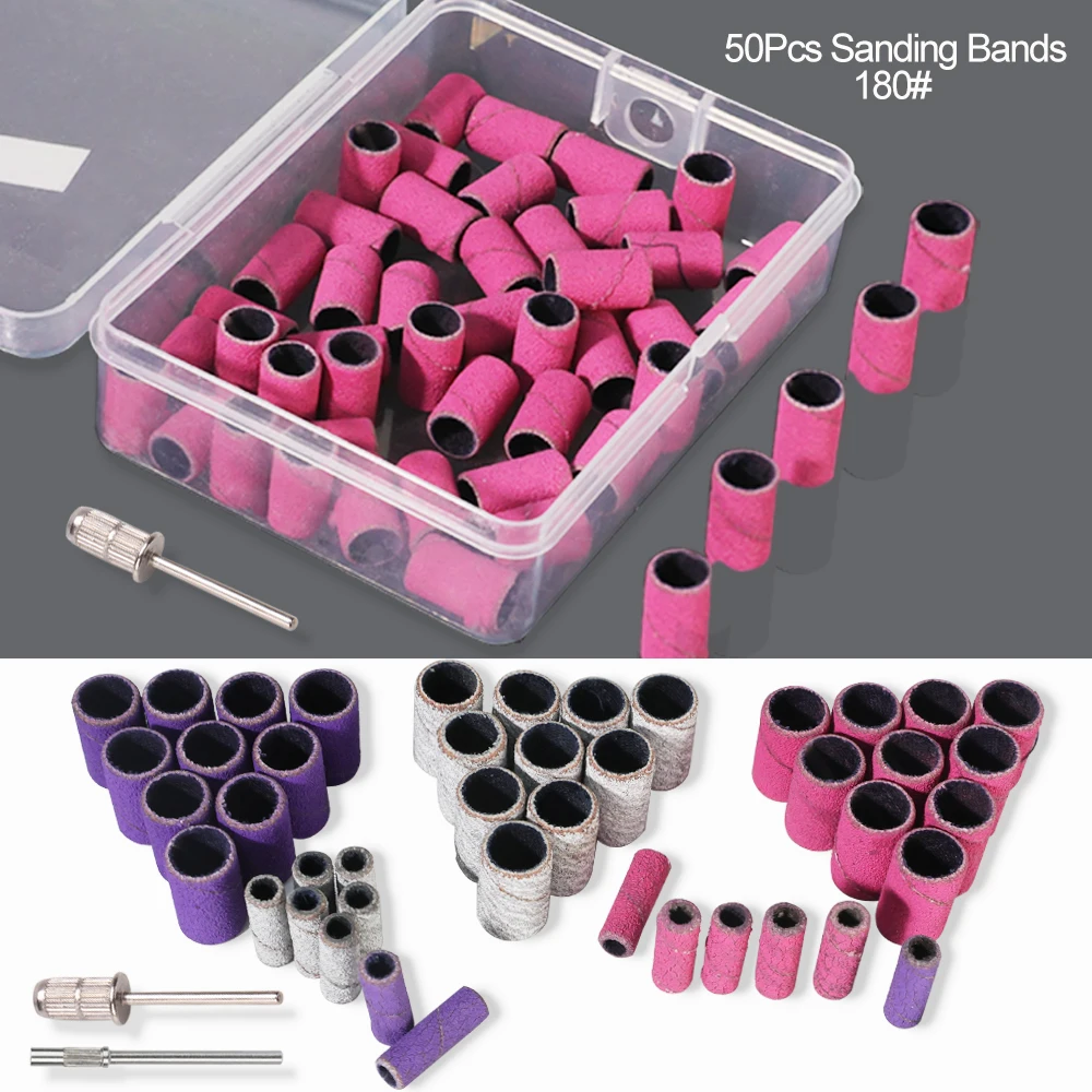 50pcs 180# Sanding Bands Kit with Nail Drill Bit Shaft for Nails UV Gel Acrylic Polish Remover Manicure Drill SandBands Tool Set