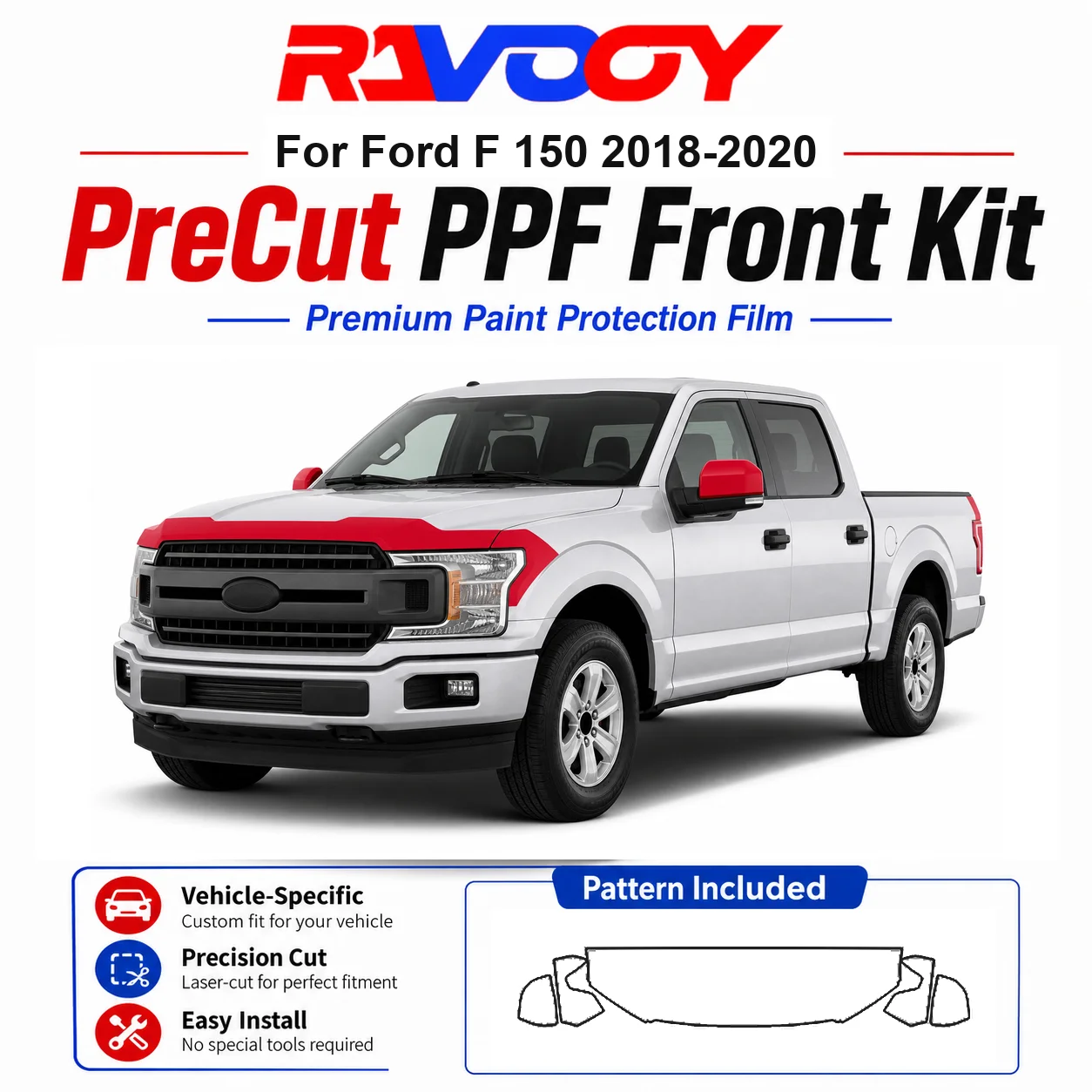 

8.5mil TPU Precut PPF Kit For Ford F 150 2018-2020 - Hood, Partial Fenders & Full Mirror Set - Self-Healing Gloss Clear Bra Film