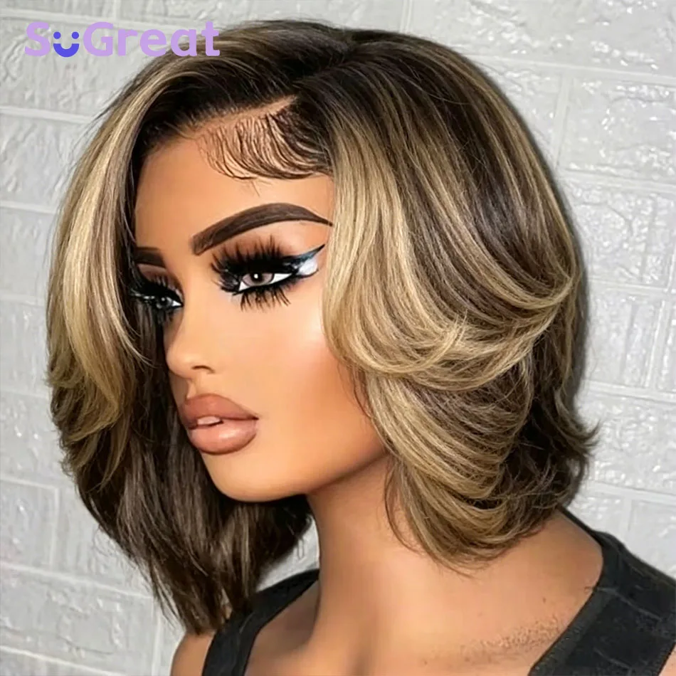 

Парик-боб с эффектом многослойности, 200% плотности, с блондинистыми прядями, с предварительно вырезанным кружевным фронтом 5x5, без клея, для женщин