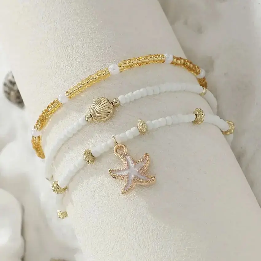 

Summer Bohemian Style Starfish Shell Millet Bead Ankle Chain Three-Layer Set Beachy Elegant Foot Jewelry Accessory